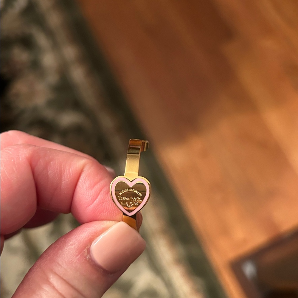 Tiffany & Co. Gold Heart Hoop Earrings with Pink Enamel Trim - Picture 2 of 4